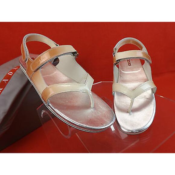 PRADA PATENT OMBRE LEATHER FLATS TWO TONES GLADIATOR LOGO THONG SANDALS 37.5 - Picture 2 of 12
